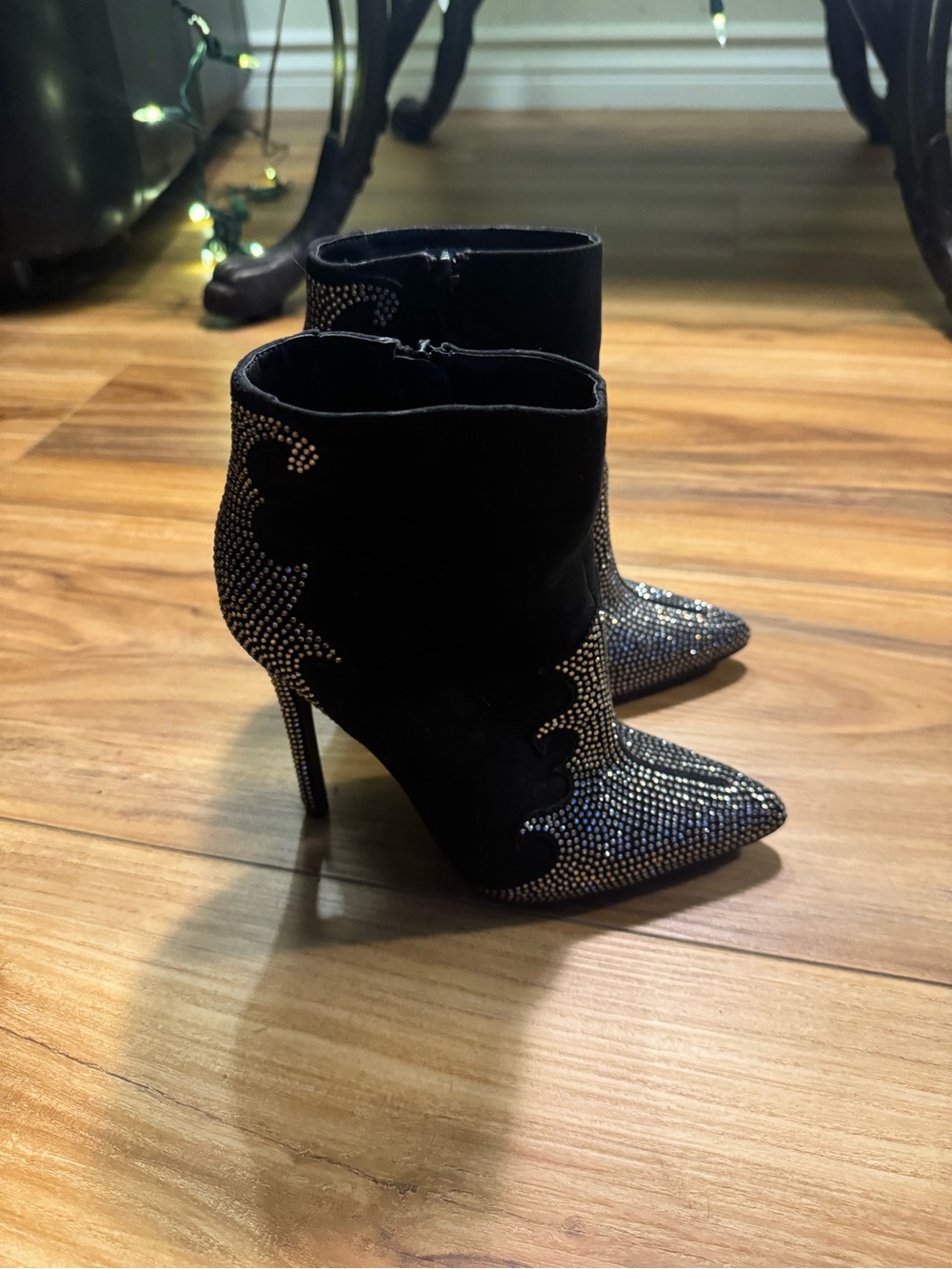 JustFab Black Crystal-Embellished Pointed Toe Faux Suede Stiletto Ankle Boots